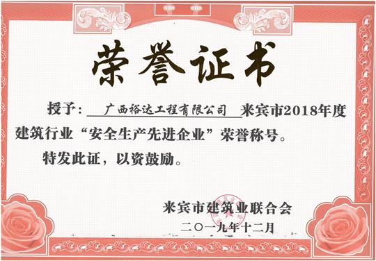 来宾市2018年度建筑行业“安全生产先进乐鱼页面在线登录-leyu.com”